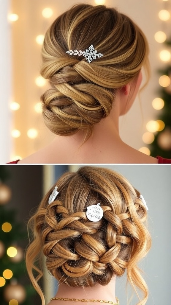 A variety of elegant Christmas Eve hairstyles including a French twist, loose waves, and a braided crown.